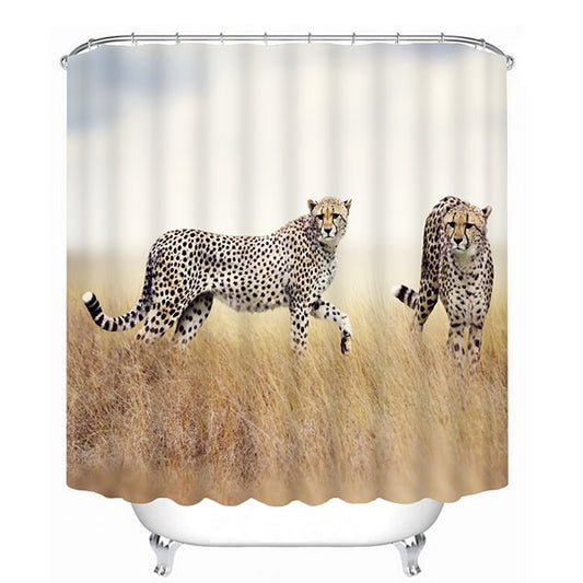 Two Leopards Playing on the Grassland Print 3D Bathroom Shower Curtain