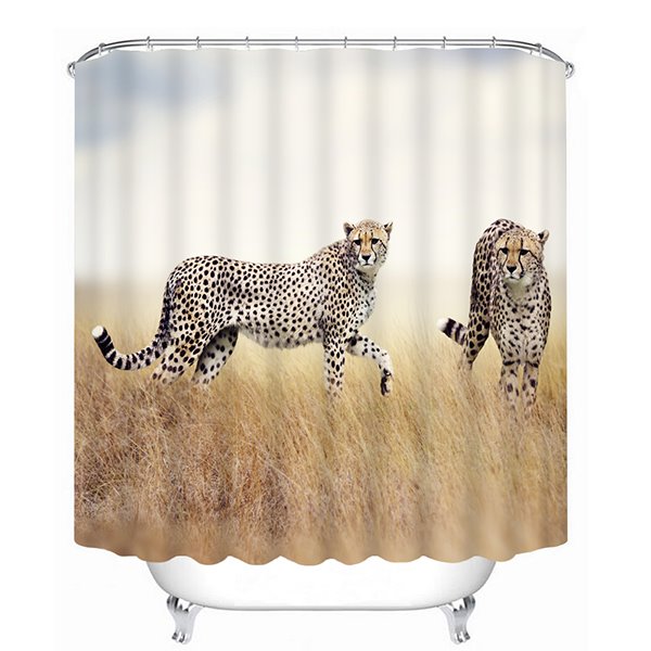 Cortina de ducha de baño 3D con estampado de dos leopardos jugando en la pradera
