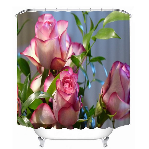 Lovely Blooming Pink Roses Print 3D Bathroom Shower Curtain