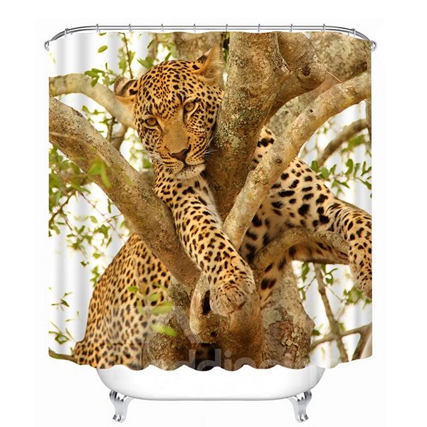 Cortina de ducha de baño 3D con estampado de leopardo trepando al árbol