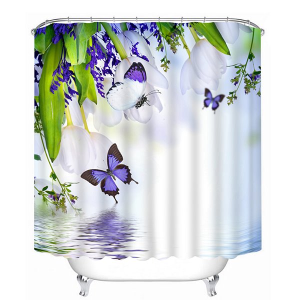 3D White Tulips and Purple Butterflies Printed Polyester Shower Curtain