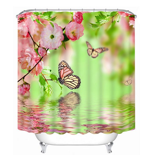 3D-Badezimmer-Duschvorhang mit rosa Blumen und farbigen Schmetterlingen über dem Wasser