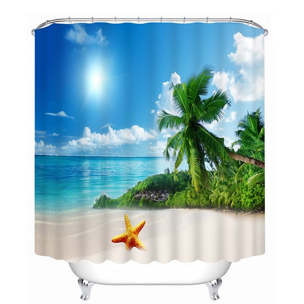 3D Coconut Tree and Beach Under the Sunshine Printed Polyester Shower Curtain