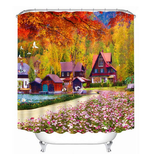 Maravillosa cortina de ducha de baño 3D con estampado de paisaje de otoño
