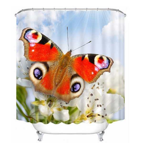 Una cortina de ducha de baño 3D con estampado de mariposas coloridas y realistas