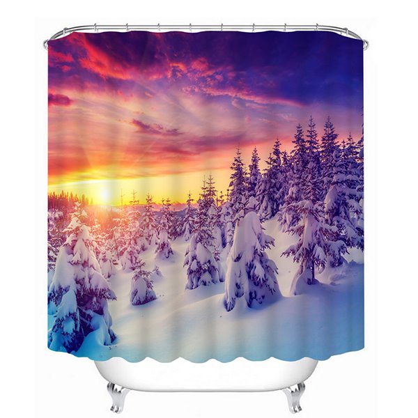 Beautiful Snowy Forest Sunset Scenery Print 3D Bathroom Shower Curtain