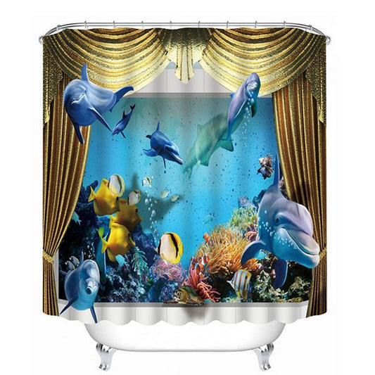 Cortina de ducha de baño 3D con estampado vívido de grandes delfines nadando 11958846