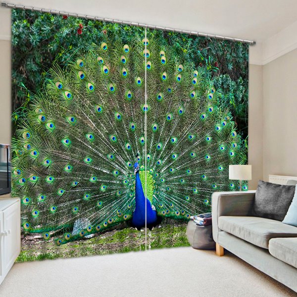 Cortina de poliéster decorativa y opaca con estampado de cola de pavo real elegante en 3D