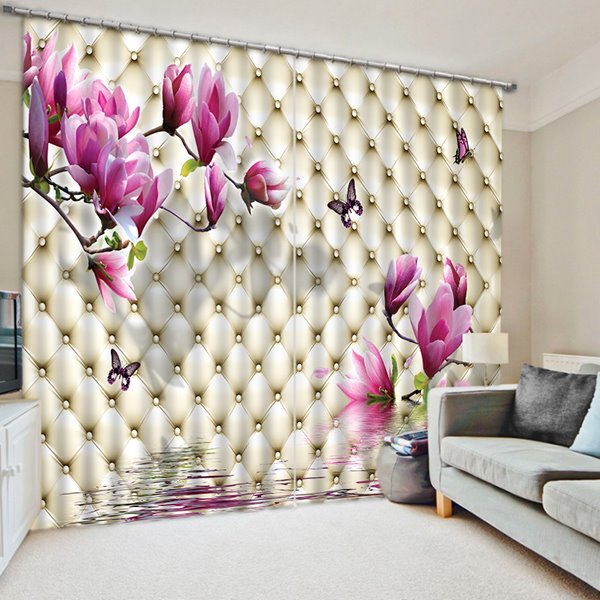 Impresionante cortina opaca 3D con estampado de flores y mariposas de color rosa