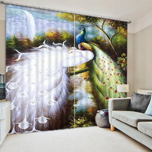 Cortina opaca y decorativa de estilo natural con estampado de pavos reales blancos y coloridos de pareja elegante en 3D, 2 paneles