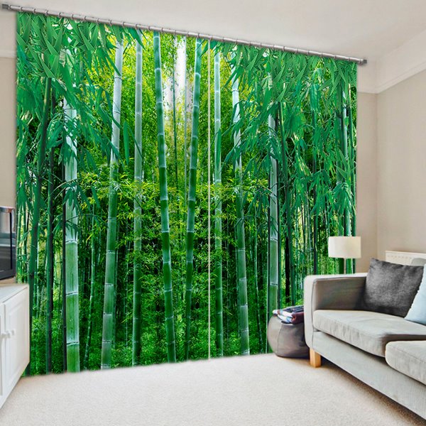 Cortina personalizada opaca con paisaje natural impresa con bambúes verdes florecientes en 3D para sala de estar