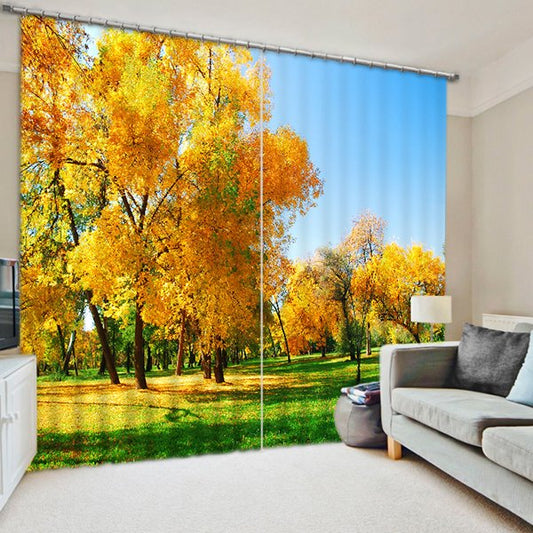 3D-Verdunkelungsvorhang mit Aufdruck „Goldene Bäume im Herbst“.