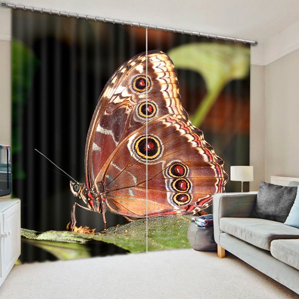3D Lively Brown Butterfly on the Leaves Printed Beautiful and Vivid Scenery Blackout Room Curtain