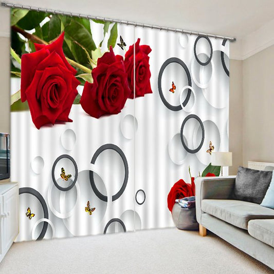 Cortina 3D creativa personalizada con círculos blancos y negros de rosas rojas románticas para sala de estar