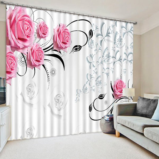 Concise Charming Pink Roses Printed Living Room Custom 3D Curtain