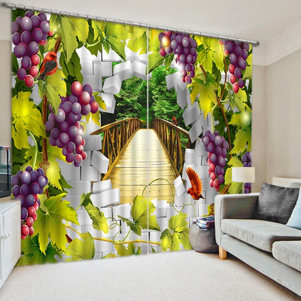 Cortina opaca 3D con estampado de vid de uvas moradas