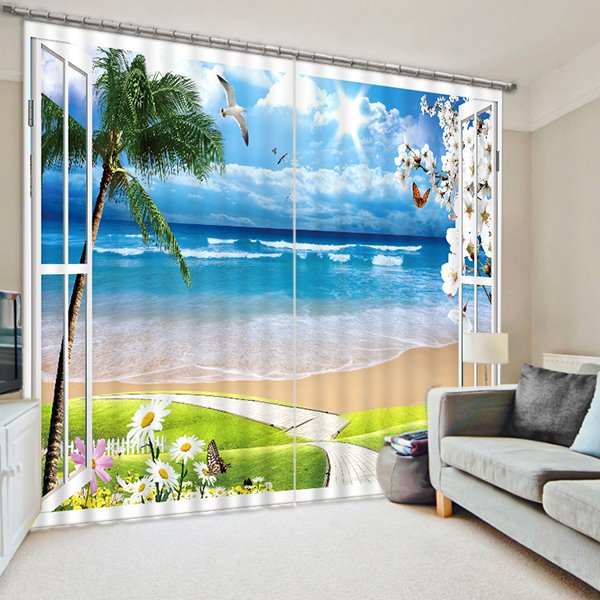 Cortina personalizada impresa con playa y gaviotas en 3D con girasoles fuera de la ventana para sala de estar