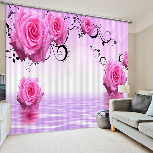 Romantic Pink Roses Printed Custom 3D Curtain for Living Room