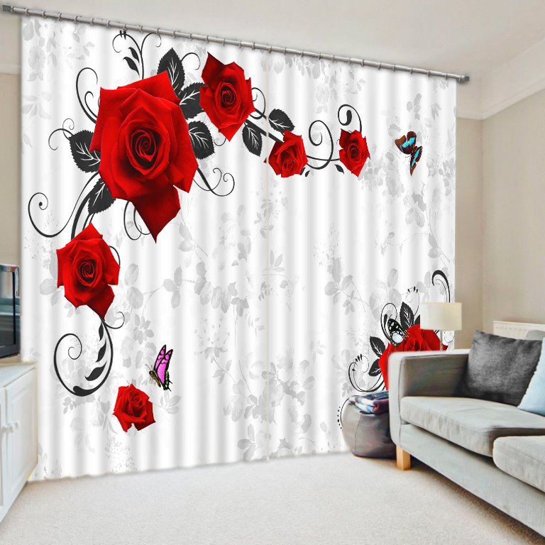 Cortina personalizada de 2 paneles con paisaje floral de poliéster impreso con hermosas rosas rojas y mariposas en 3D
