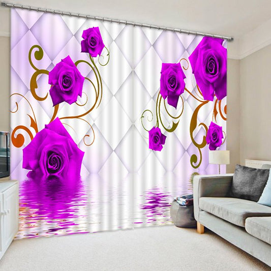 Cortina 3D personalizada con estampado de rosas moradas hermosas y románticas para sala de estar
