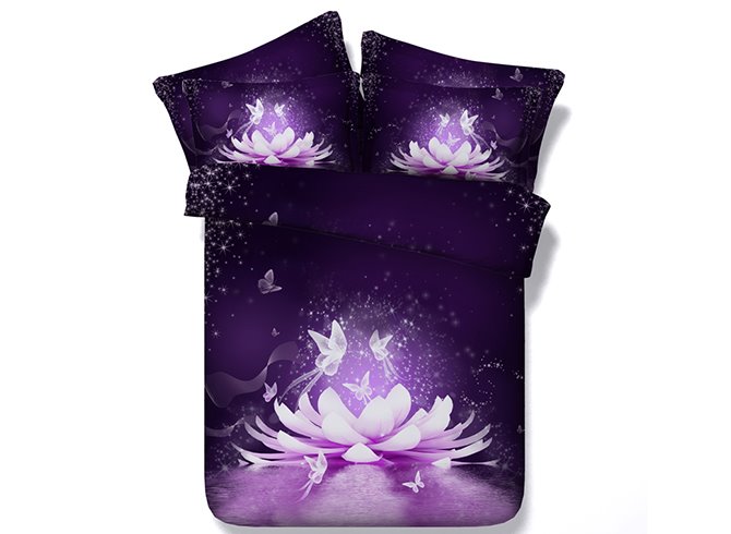 3D-verträumtes Lotus- und Schmetterlings-gedrucktes 5-teiliges Bettdeckenset / Bettwäscheset aus Polyester 