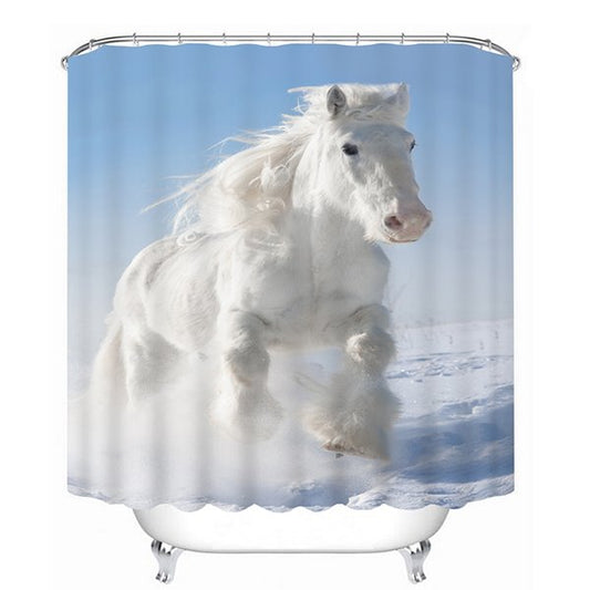 3D Running White Horse Printed Polyester Light Blue Bathroom Shower Curtain