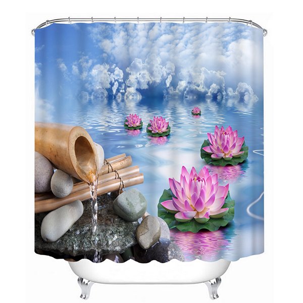 3D-Badezimmer-Duschvorhang mit blauem Wasser und rosa Lotus-Print