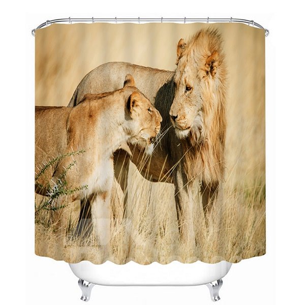 Father Lion Looking at Kid Lion with Love Print 3D Bathroom Shower Curtain