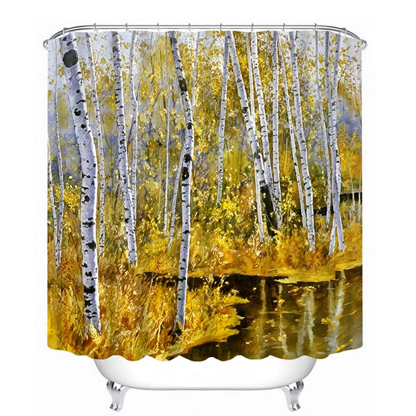 Cortina de ducha de baño 3D con estampado de bosque dorado en otoño