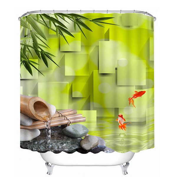 Interessanter 3D-Badezimmer-Duschvorhang mit grünem Wasser und goldenen Fischen