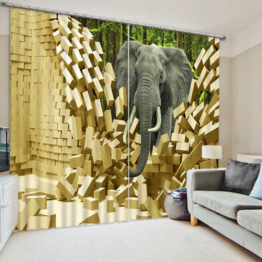 Elefante 3D rompiendo la pared impreso 2 piezas cortina decorativa y opaca