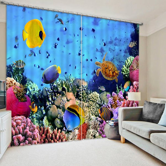 Cortina decorativa personalizada con estampado de tortugas y corales, peces dorados en 3D, mundo submarino