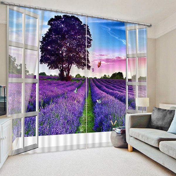3D-Verdunkelungsvorhang mit violettem Baum und Gräsern aus dem Fenster