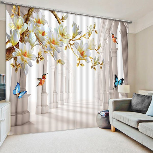 3D Printed Colorful Butterflies and Blooming Magnolia with Birds Custom Room Curtain