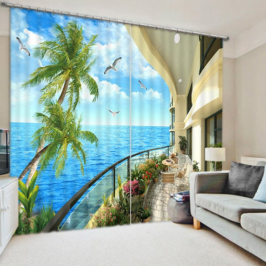 Blue Sky and Sea Seeing from Balcony Print 3D Custom Living Room Curtain