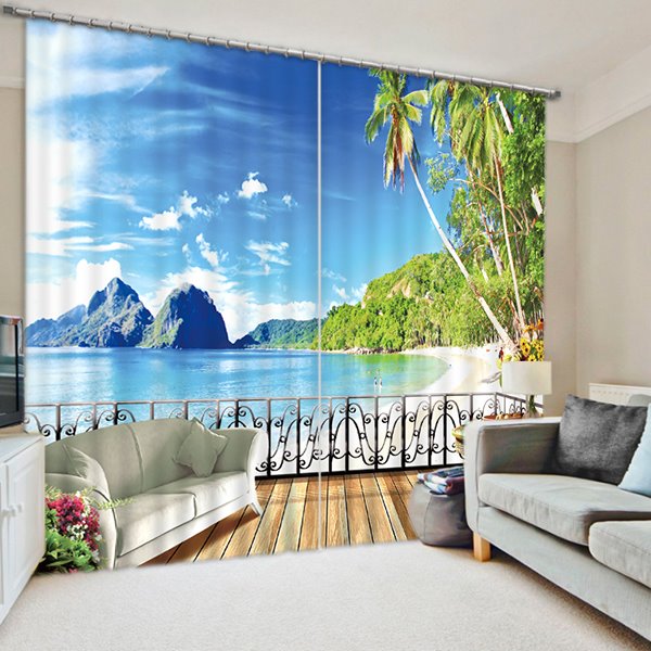 3D-gedruckte Strandlandschaft mit grünen Palmen und blauem Meer vor dem Balkonvorhang