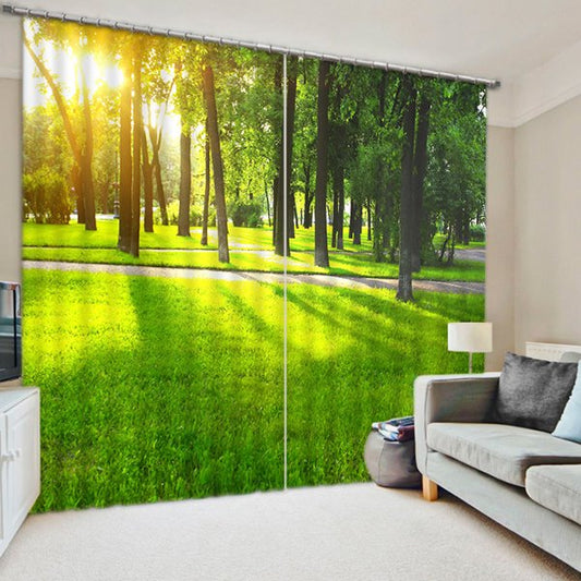 3D Green Trees and Bright Sunlight Printed 2 Panels Custom Blackout Curtain