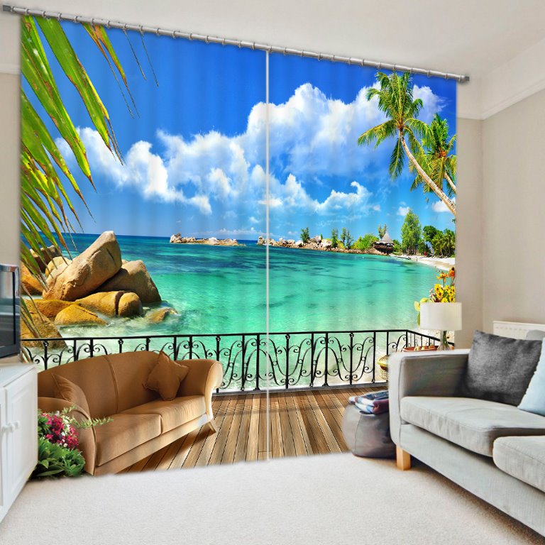 3D Printed Ocean Beach Tropical Palms Holiday Paradise Coast Charm Blackout Decorative Curtains Custom 2 Panels Drapes No Pilling No Fading No off-lining