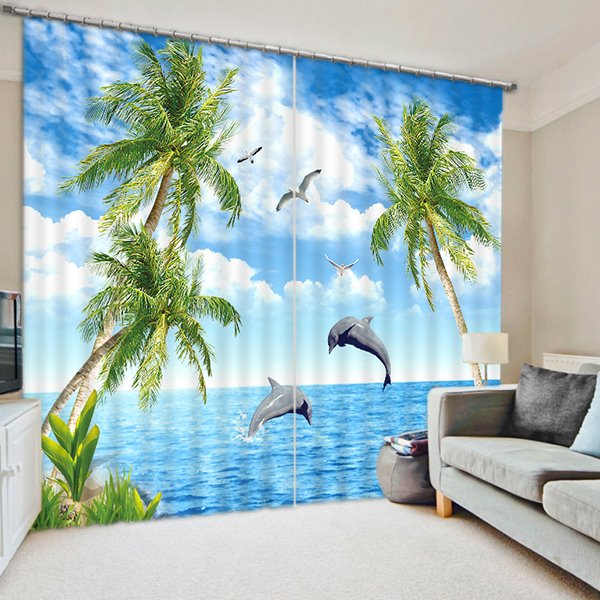 Cortina opaca personalizada con estampado de palmeras en 3D y delfines maravillosos en el mar para sala de estar