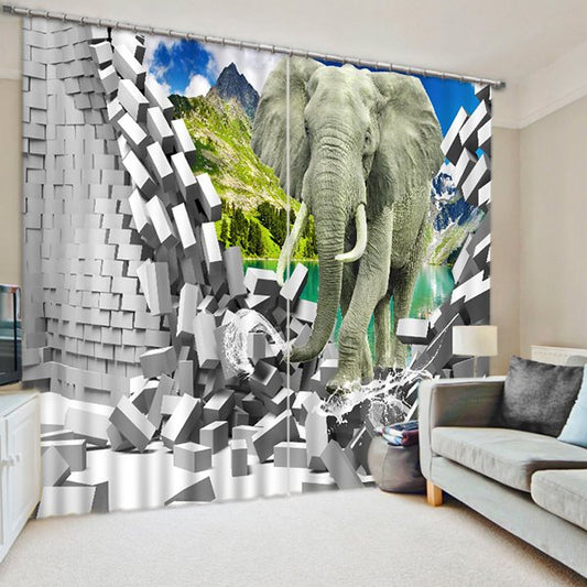 3D Running Elephant Printed Thick Polyester 2 Panels Decorative and Blackout Curtain