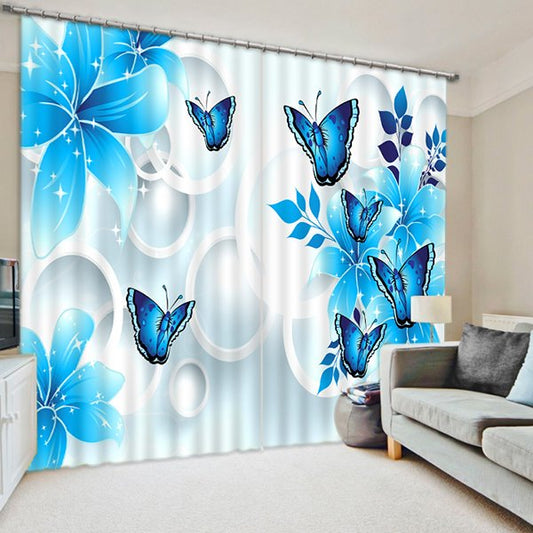 Blaue Blumen und Schmetterlinge bedruckter individueller 3D-Vorhang für das Wohnzimmer