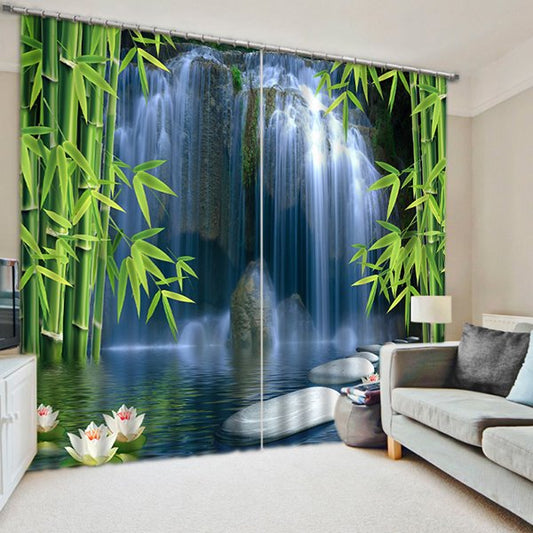 3D Spectacular Waterfalls and Green Bamboos Printed Polyester Custom Curtain