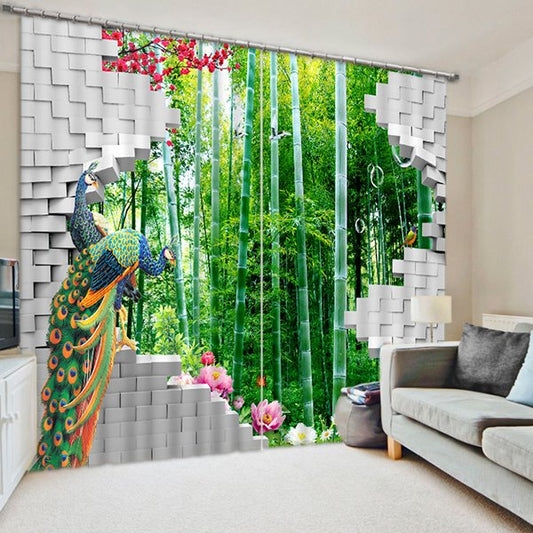 Cortina personalizada decorativa de estilo moderno con estampado de pavos reales en 3D y bosque de bambú