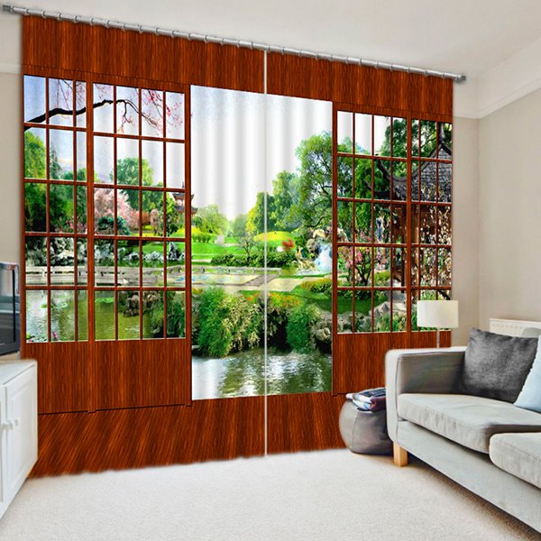 Paisaje natural 3D con puerta de madera, cortina de sala de estar personalizada opaca de poliéster de alta calidad impresa