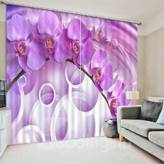 Wunderschöner individuell bedruckter 3D-Vorhang mit lila Phalaenopsis und weißen Kreisen