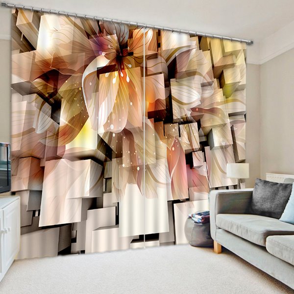 Maßgeschneiderter 3D-Verdunkelungsvorhang mit dreidimensionalen Quadraten und Blumendruck für das Wohnzimmer