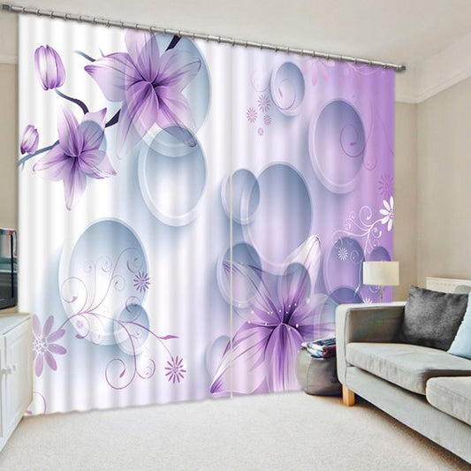 Concise Purple Flowers and White Geometric Printed Custom 3D Curtain for Living Room