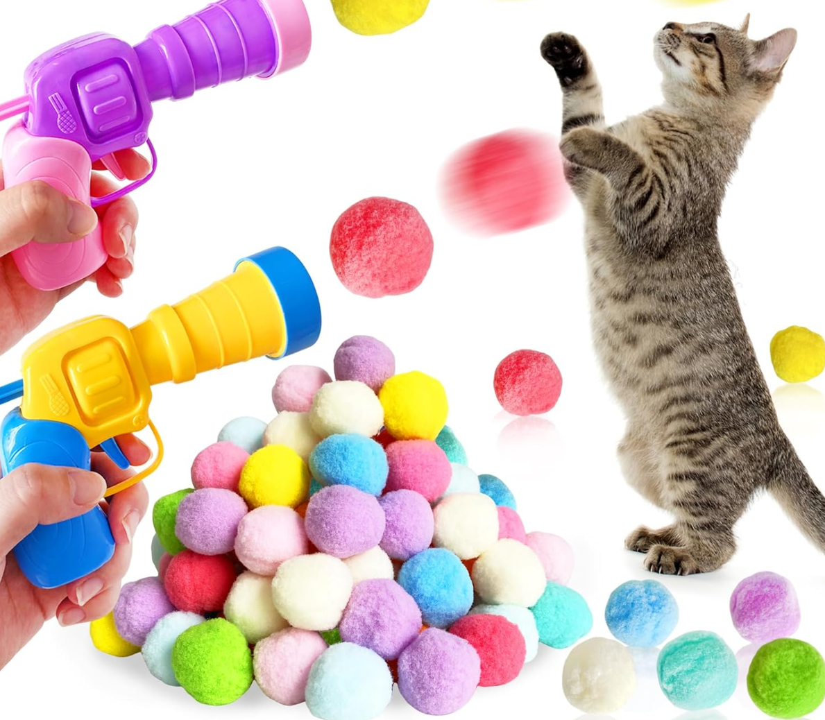 2 Cat Toy Launchers & 100 Cat Pom Pom Balls,Interactive Cat Toys