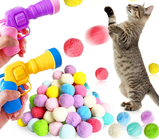 2 Cat Toy Launchers & 100 Cat Pom Pom Balls,Interactive Cat Toys