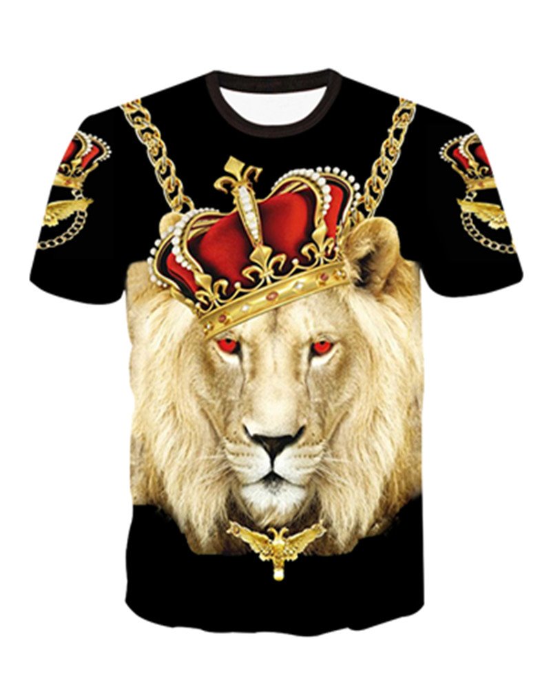 Super cooles schwarzes 3D-gemaltes T-Shirt mit Rundhalsausschnitt und Löwenmuster